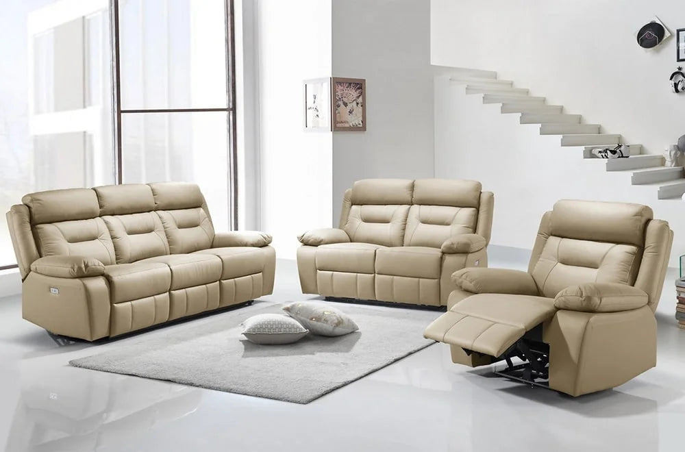 Beige Leather Match Power Reclining Sofa Set