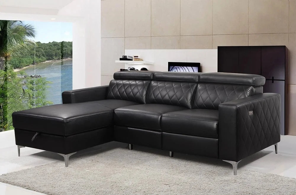 Left-Hand Facing Black Leather Gel Power Reclining Sectional Sofa