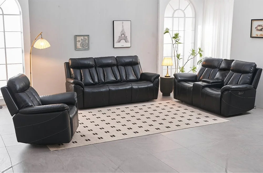 Black Leather Air Power Reclining Sofa Set"