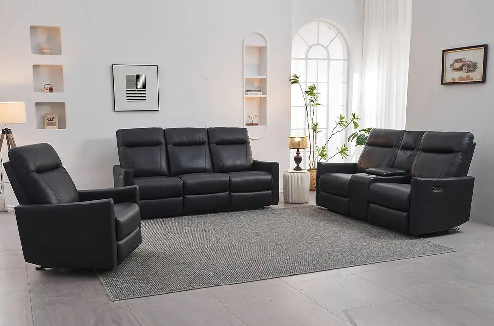 Modern Black Leather Power Recliner Sofa Set