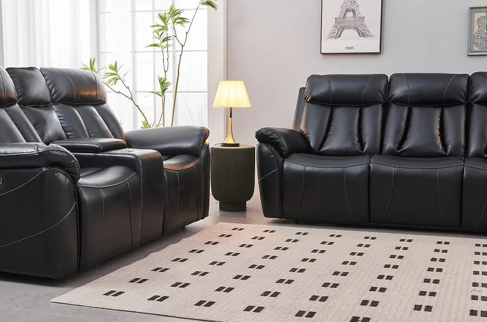 Black Leather Air Power Reclining Sofa Set"