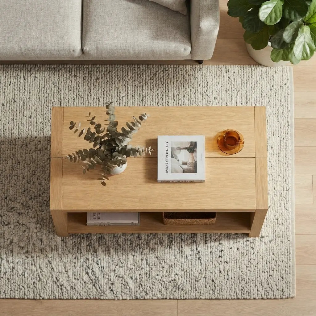 48-inch modern coffee table with a natural oak finish, durable laminate top, and spacious bottom shelf for displaying books, decor, and everyday essentials.