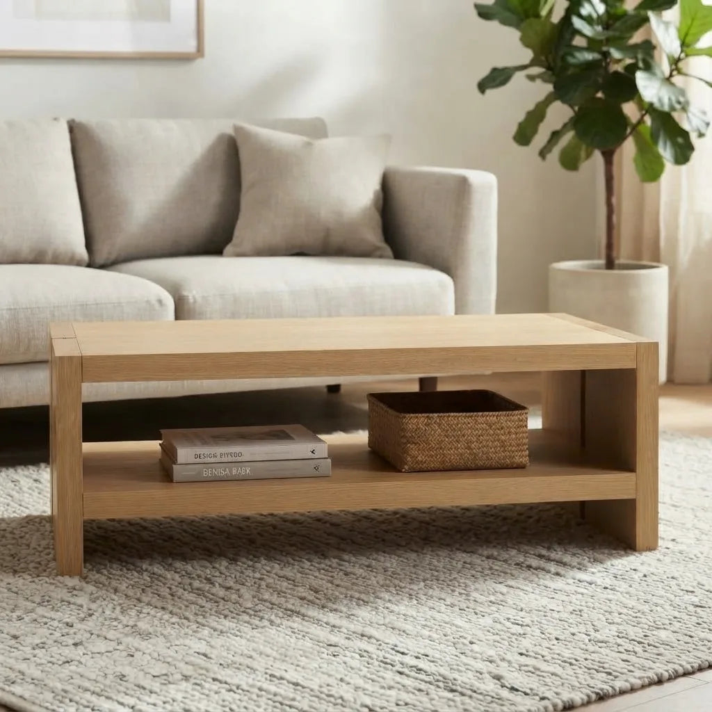 48-inch natural oak rectangular coffee table featuring a contemporary design, smooth laminate surface, and spacious bottom shelf for living room storage.