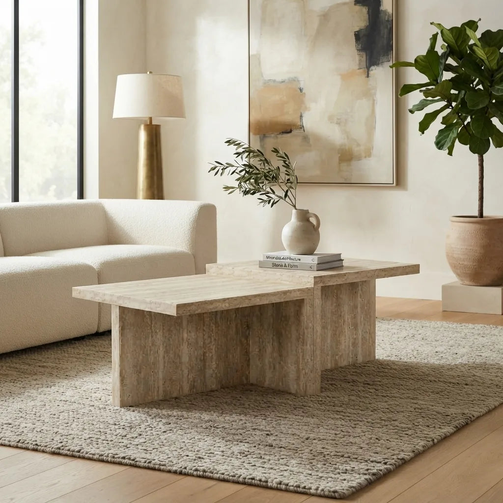 48-inch rectangular coffee table with a travertine stone-look laminate finish, thick panels, and modern two-tier design for stylish living rooms.