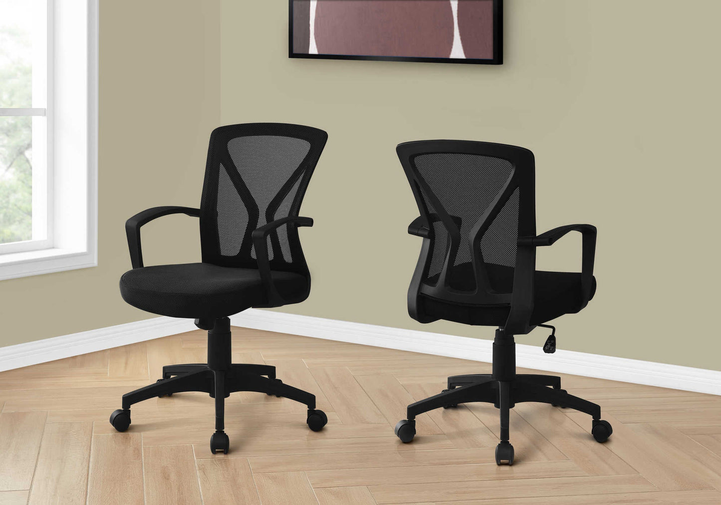 Rear view showing black support frame of office chair
