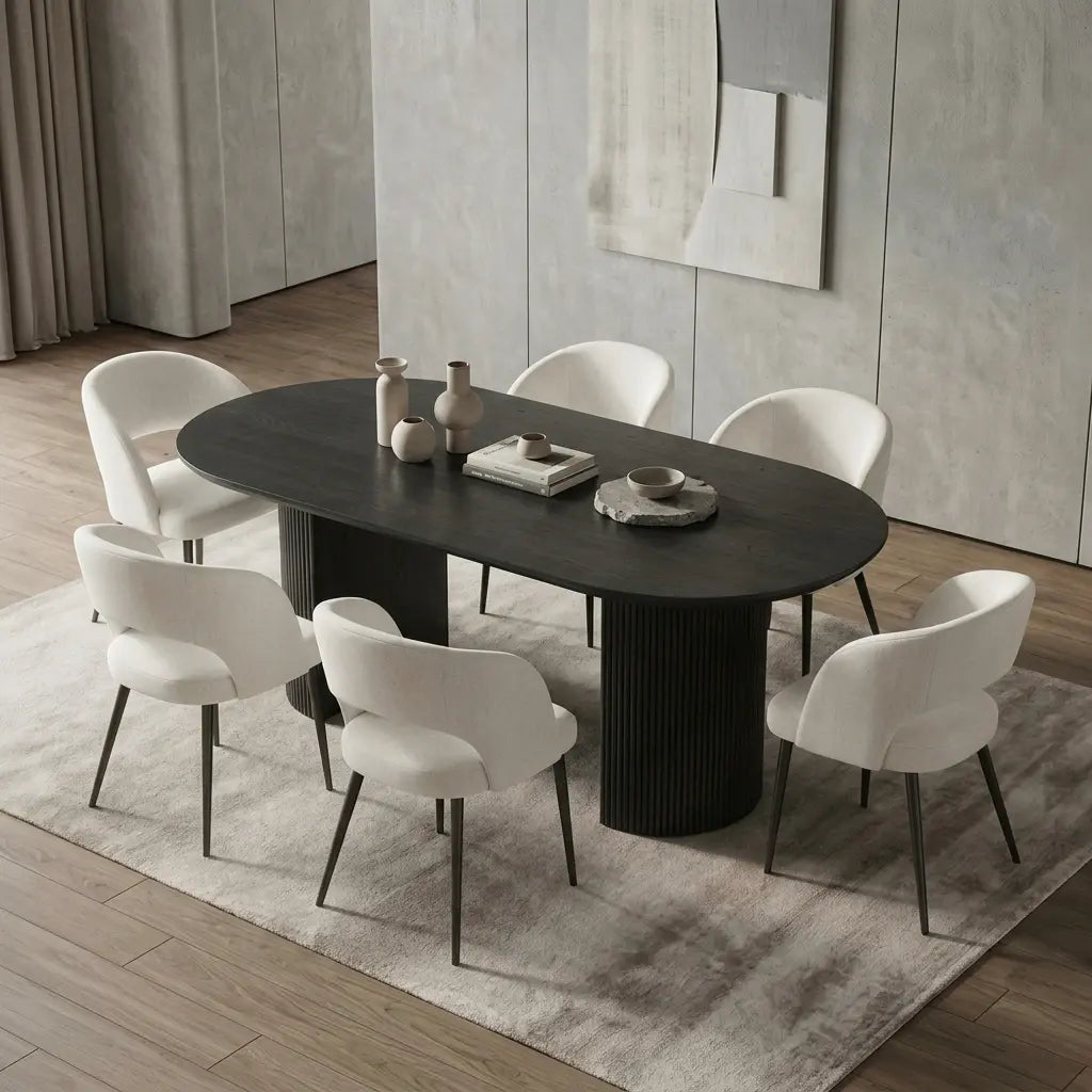 Modern black oval dining table with fluted pedestal legs and cream chairs