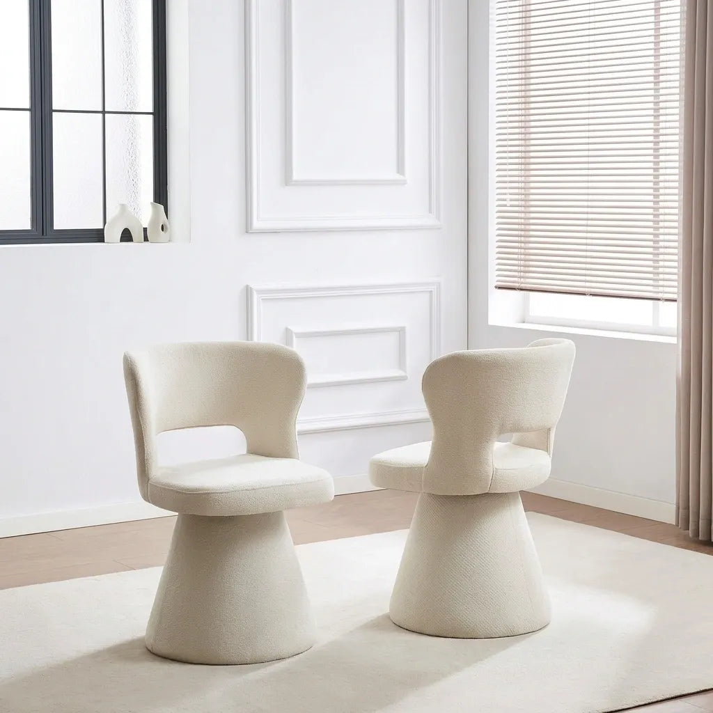 C-1436 cream upholstered swivel chairs with curved open-back design