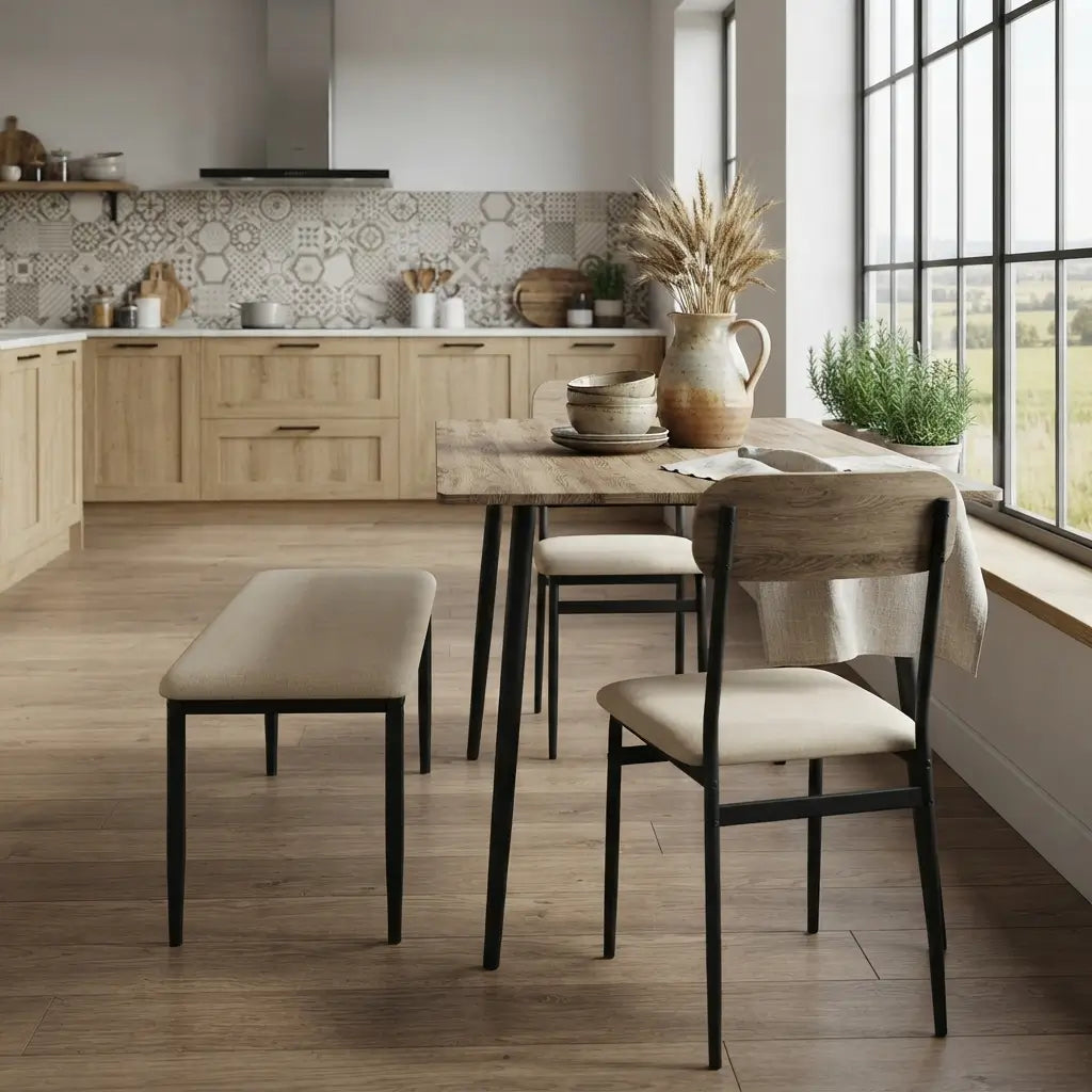 Modern oak 5-piece dining table set featuring a rectangular wood-look table, black metal accents, and four beige cushioned dining chairs, creating a stylish contemporary dining space for family meals, casual gatherings, and everyday use. The space-saving design suits modern kitchens, dining rooms, apartments, and compact home interiors.