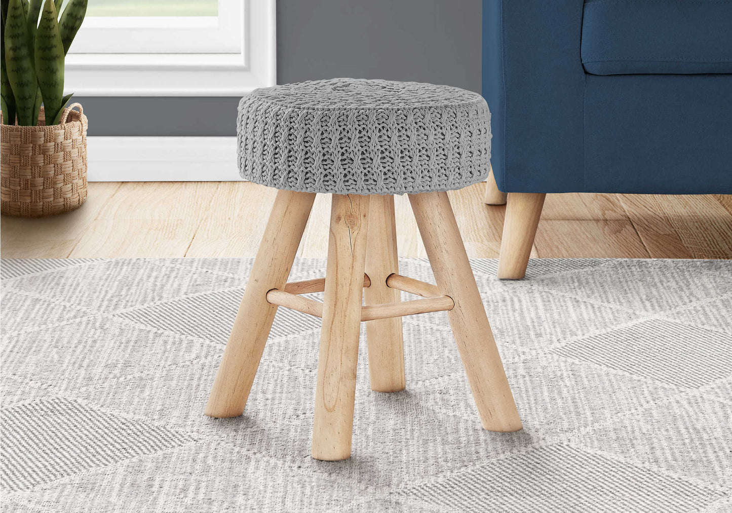 GREY KNIT OTTOMAN  / NATURAL WOOD LEGS