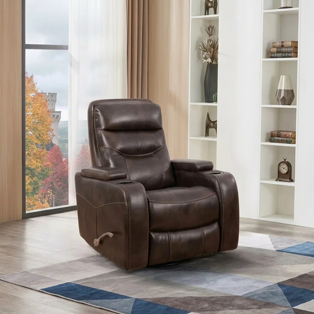 Dark brown leather recliner armchair positioned in a modern living room setting on a geometric blue and grey area rug, beside a tall white shelving unit and a window.