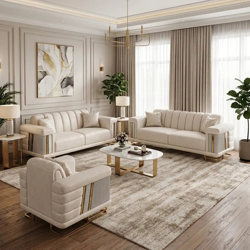 L2925 Percy velvet sofa set with sofa, loveseat, chair and channel-tufted backs