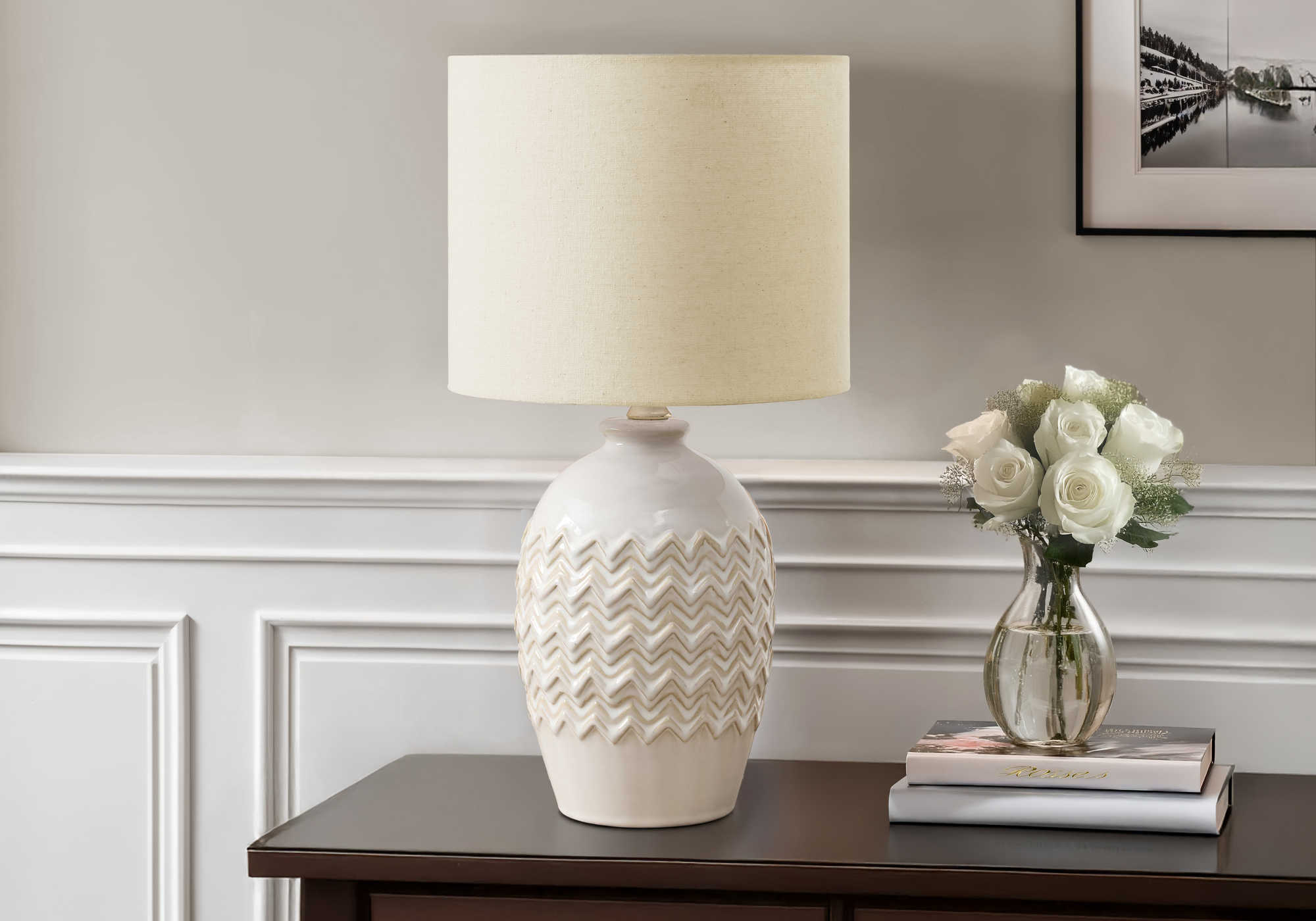 LIGHTING - 19"H BEIGE SHADE IVORY CERAMIC TABLE LAMP