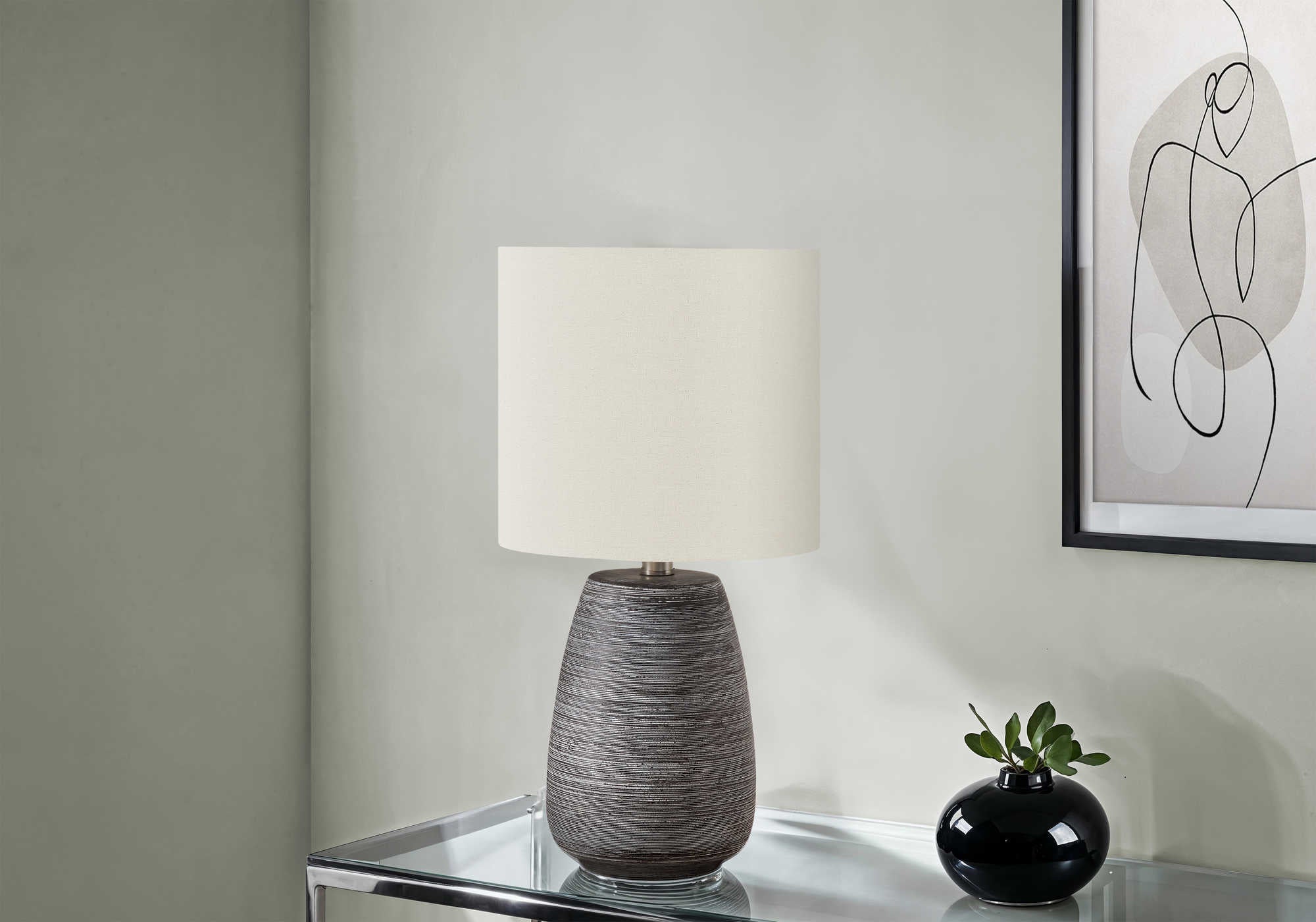 LIGHTING - 19"H GREY CERAMIC  TABLE LAMP/ IVORY SHADE