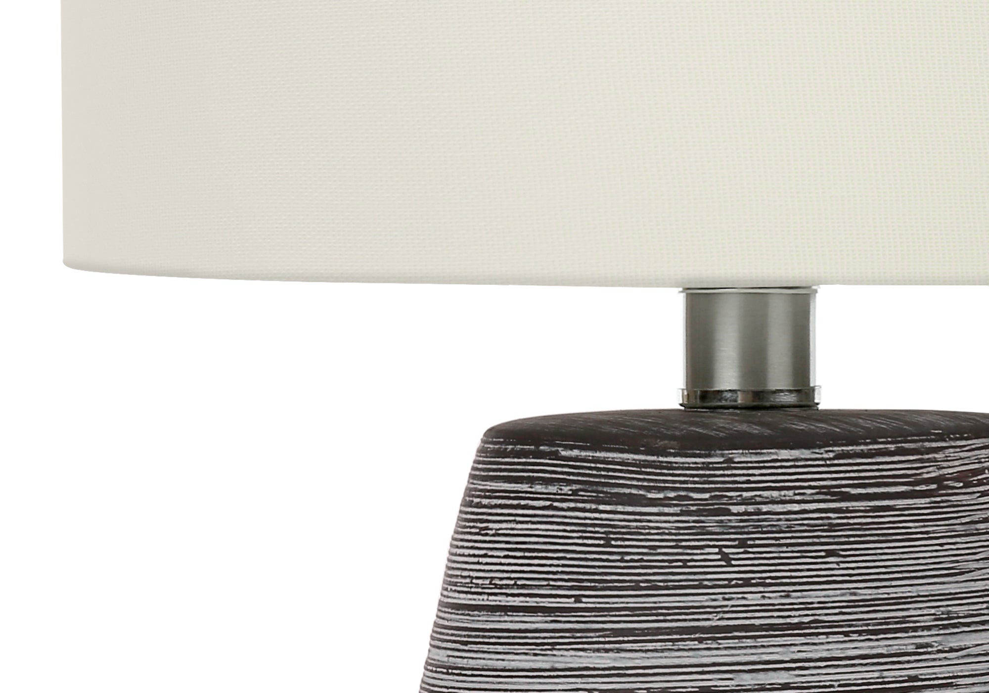 LIGHTING - 19"H GREY CERAMIC  TABLE LAMP/ IVORY SHADE close up
