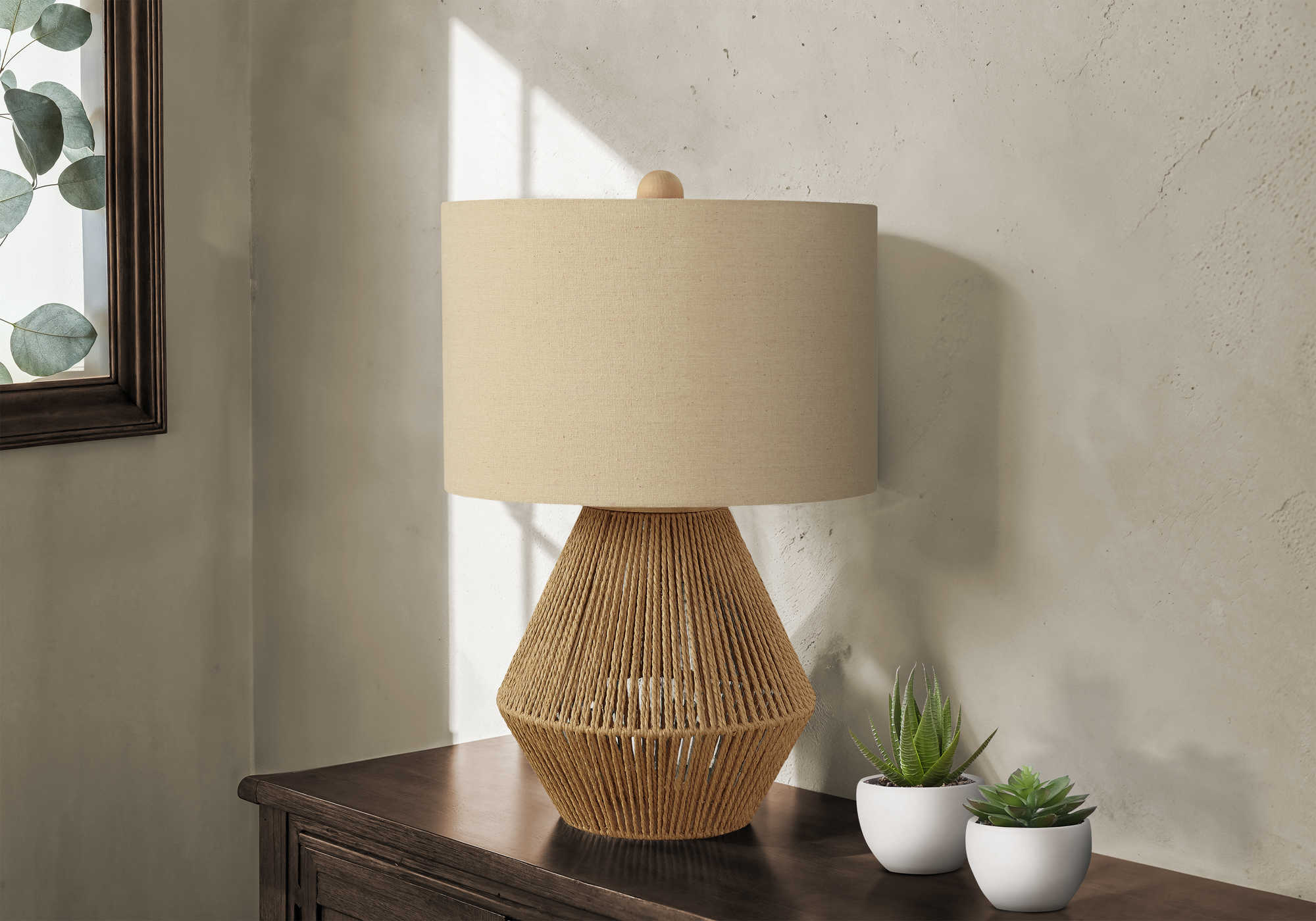 LIGHTING - 22"H BROWN ROPE TABLE LAMP / BEIGE SHADE