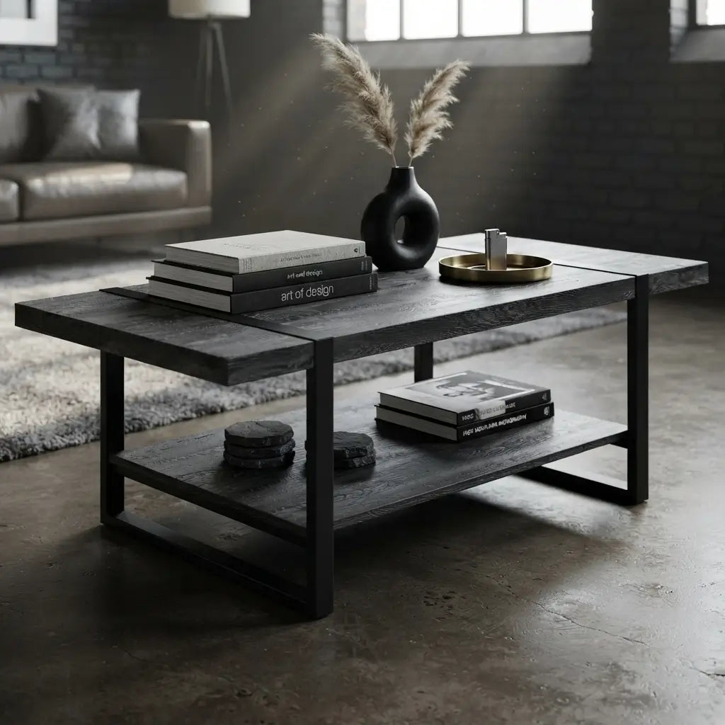 black wood and black metal coffee table featuring a thick rectangular tabletop, lower storage shelf, and modern industrial farmhouse design.