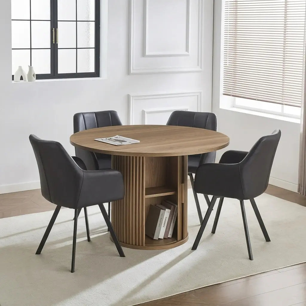 T-1408 C-1413 round wood dining table with light grey velvet swivel chairs