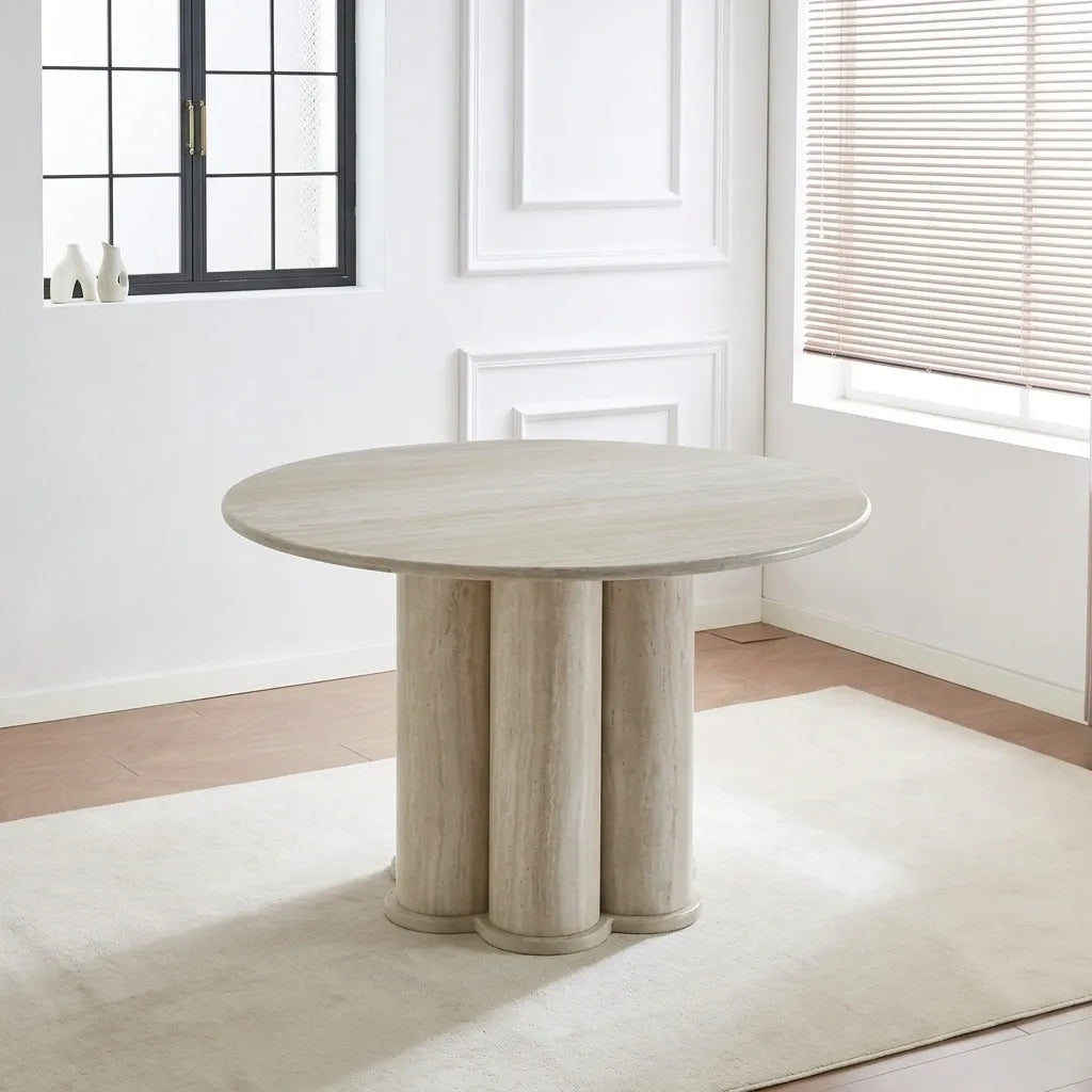 light travertine-look round table with cream dining table