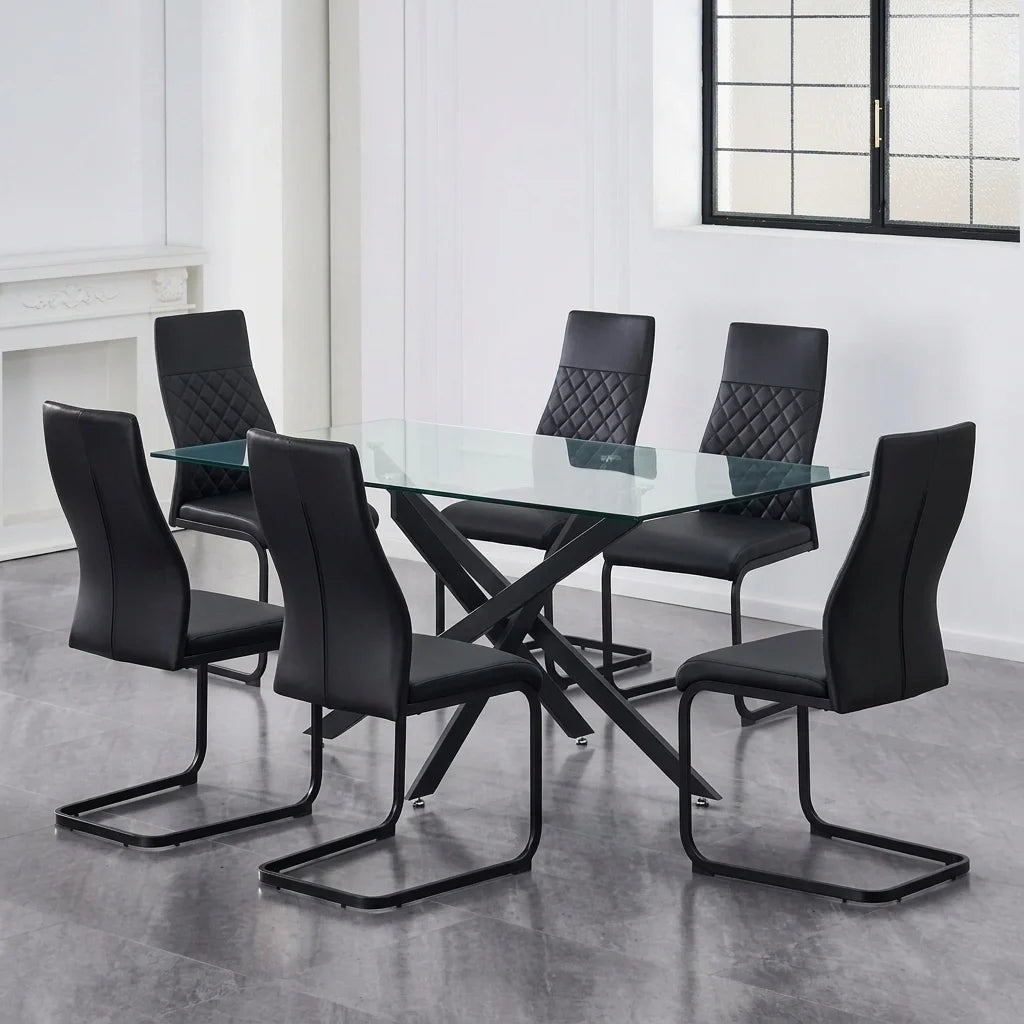 T-1443 C-1578 clear glass dining table with black PU diamond stitch chairs