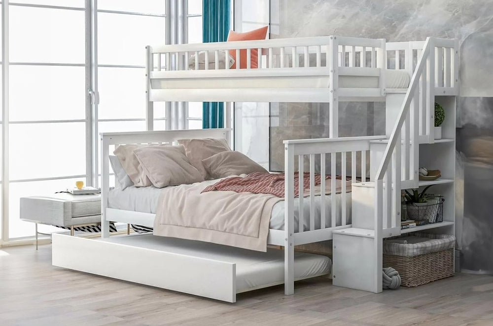 Triple Bunk Bed with Trundle and Storage Stairs – Twin Over Full with Pull-Out Bed