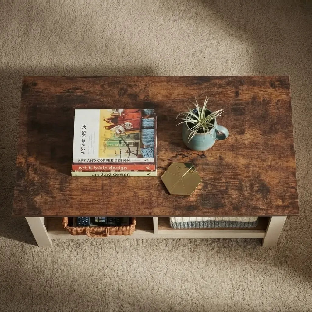 Beige and dark brown oak coffee table with a smooth easy-clean surface and contemporary rectangular design, adding stylish contrast to modern living room decor.