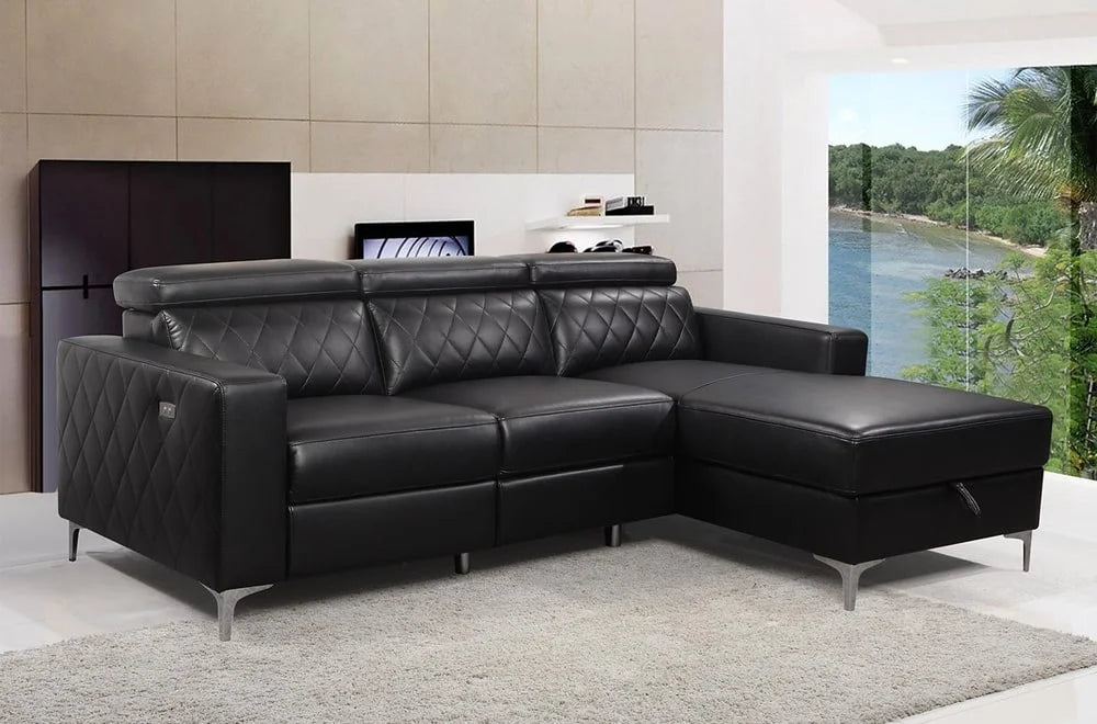 Right-hand facing power reclining sectional sofa in black leather gel with modern sleek design