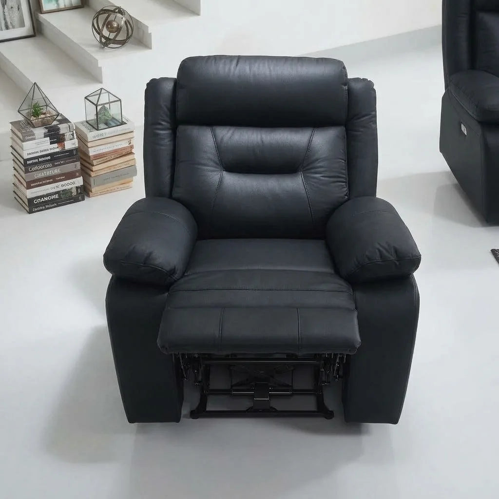 Direct front-facing view of a black leather power recliner chair with footrest extended