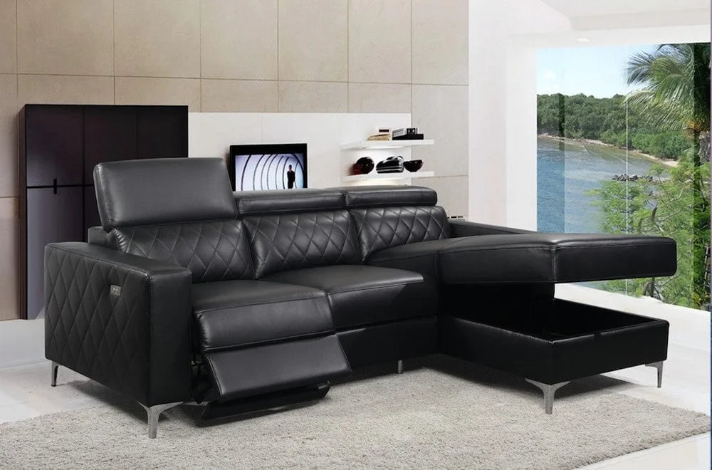 Black leather reclining sectional sofa set with power recliner and right-hand facing layout