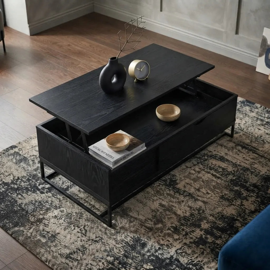 Black lift-top coffee table featuring a raised work surface and hidden storage compartment, offering practical organization and modern style for contemporary living spaces.