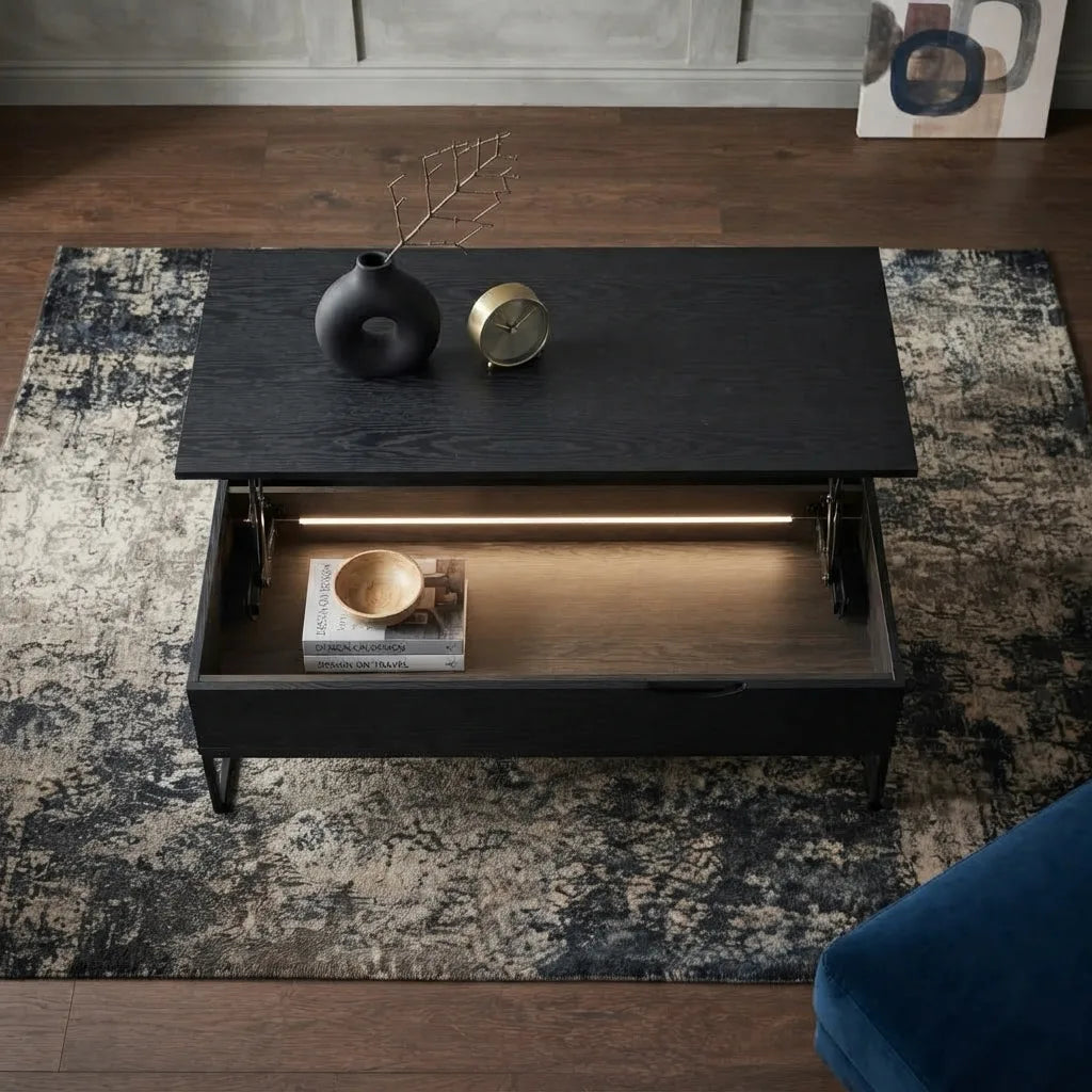 black lift-top coffee table with a contemporary laminated surface, sturdy black metal base, and versatile design for living rooms, dining, or home offices.
