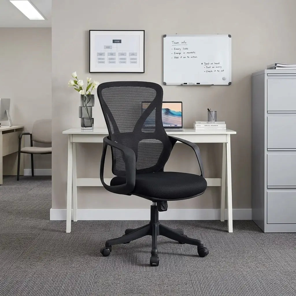 ergonomic black mesh office chair with contoured back, padded seat, loop armrests and 5-star swivel base
