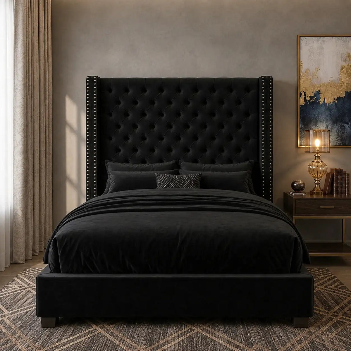 Front view of black velvet wingback upholstered bed with 55 inch high tufted headboard