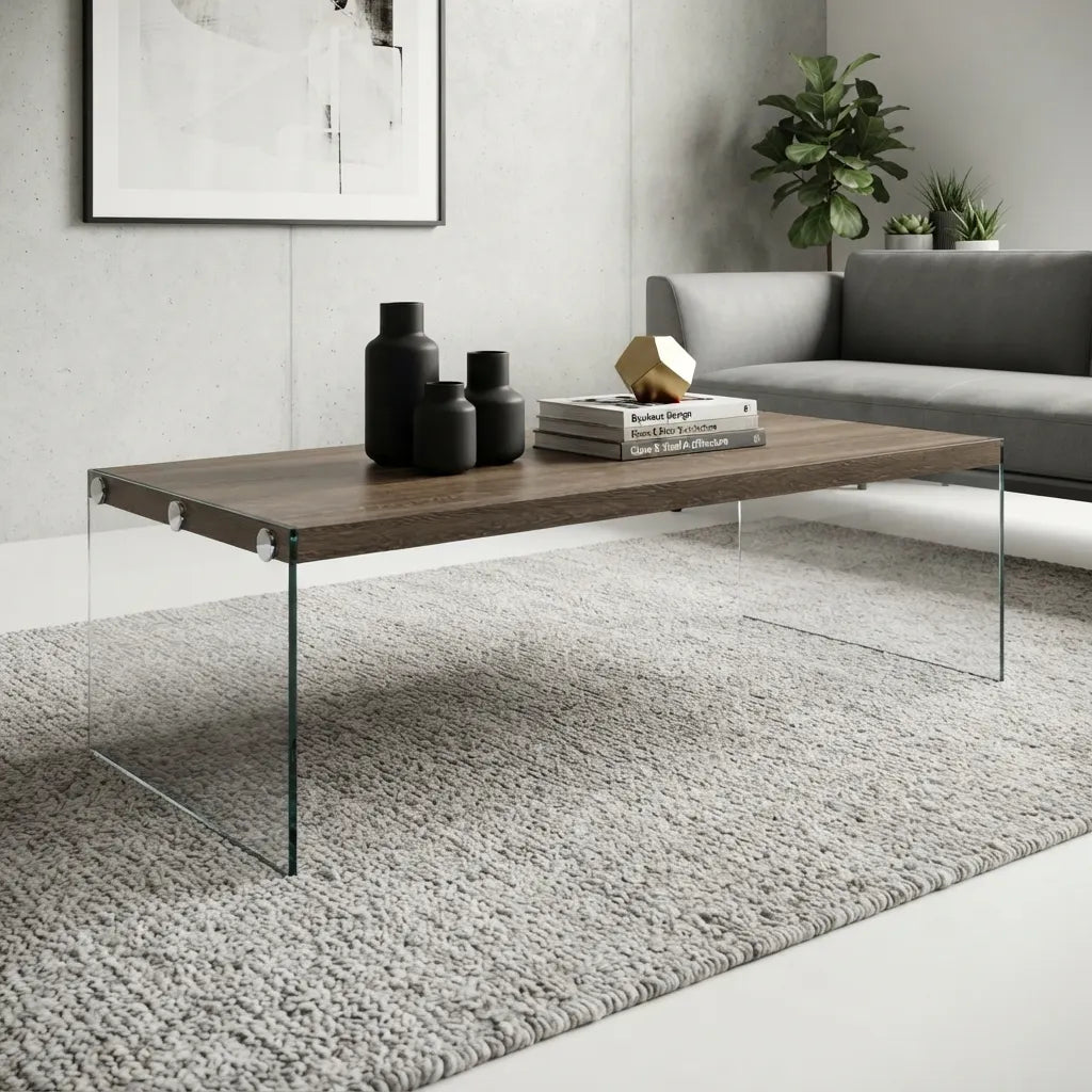 Modern brown and grey coffee table with a contemporary design, ideal for living rooms, family rooms, offices, or dens.