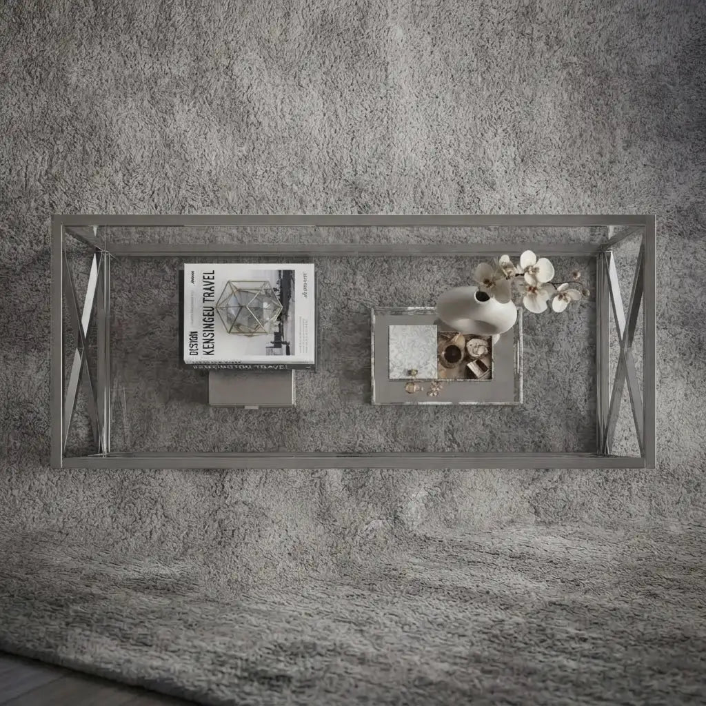 coffee table with a clear tempered glass top and polished chrome metal base, featuring a stylish X design for a modern contemporary living room.