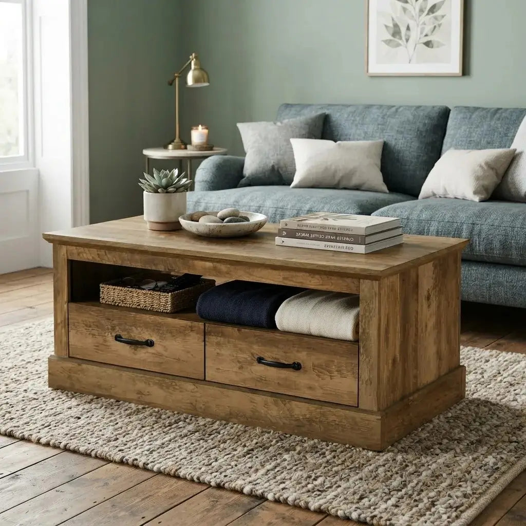 A rustic wooden storage coffee table with two drawers and open shelf space, styled in a living room next to a blue-gray sofa on a woven rug.