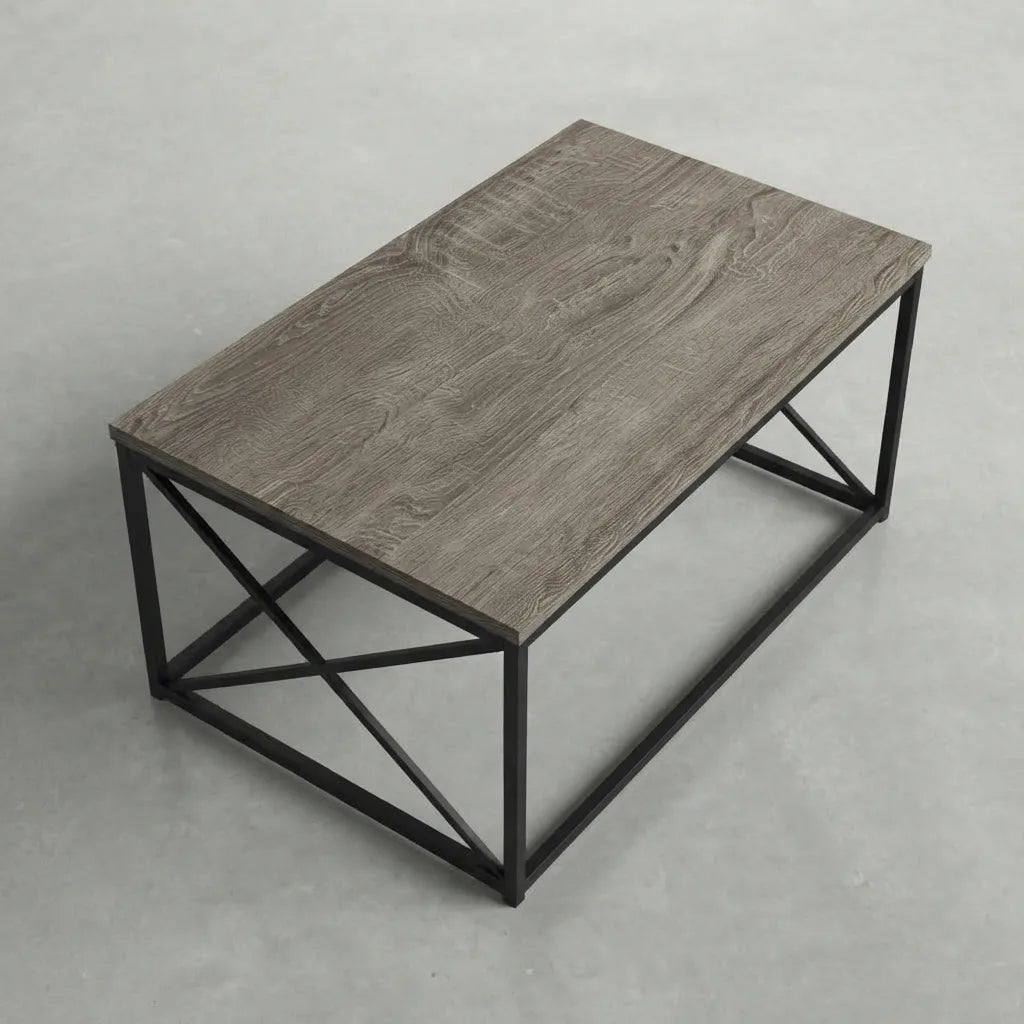 Dark taupe laminate coffee table featuring a stylish black metal X-shaped base and clean contemporary design