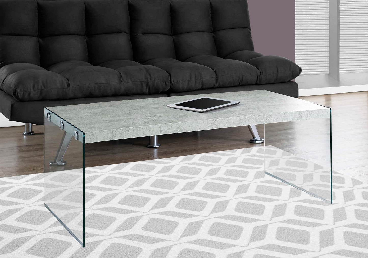Modern grey cement coffee table with tempered glass legs – industrial yet elegant design for living rooms