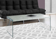 Modern grey cement coffee table with tempered glass legs – industrial yet elegant design for living rooms