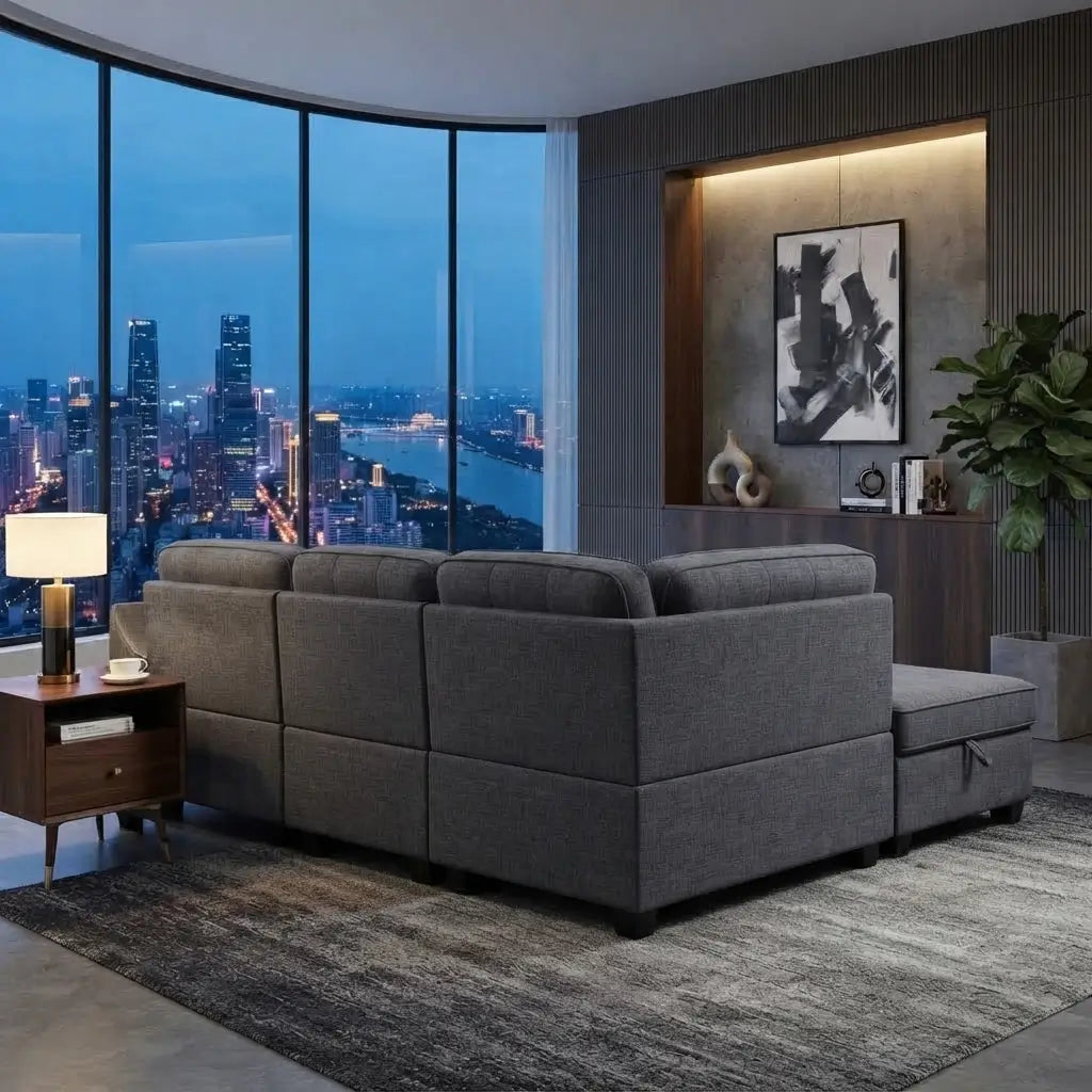 A modern gray fabric sectional sofa with a chaise lounge, styled in a contemporary living room with a city skyline view at dusk.