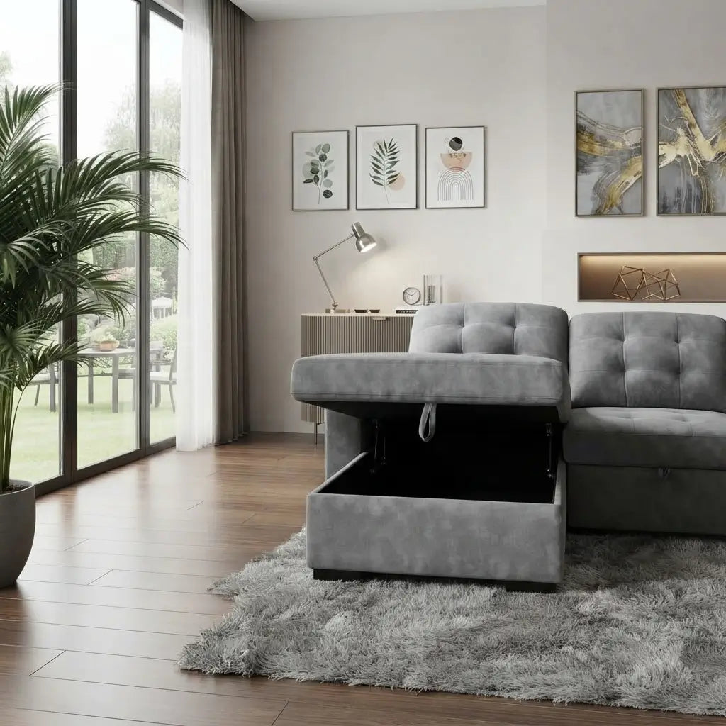 A modern gray tufted storage ottoman sofa shown in a styled living room with wood floors, a shag rug.