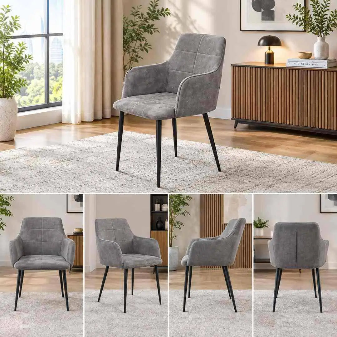 Gray upholstered dining chair with padded armrests and slim black metal legs, shown in a bright living room setting with multiple angle views in a bottom strip.