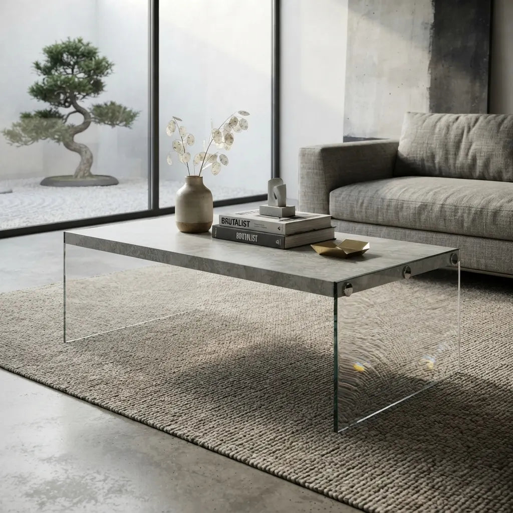Modern grey, white, and brown coffee table with a sleek rectangular design for contemporary living room décor