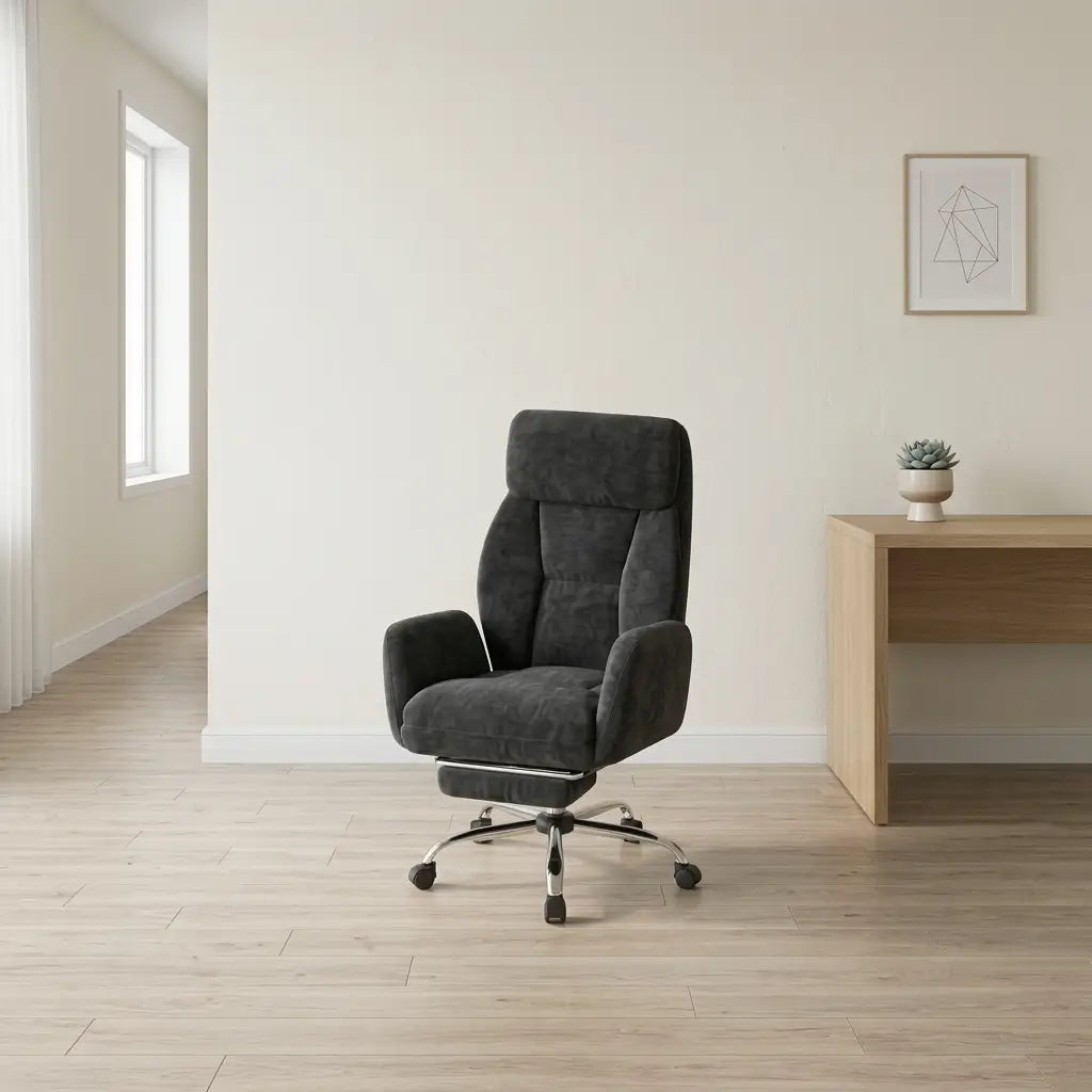 I-7273 black fabric high back office chair with chrome accents, adjustable headrest, armrests and flip-open footrest