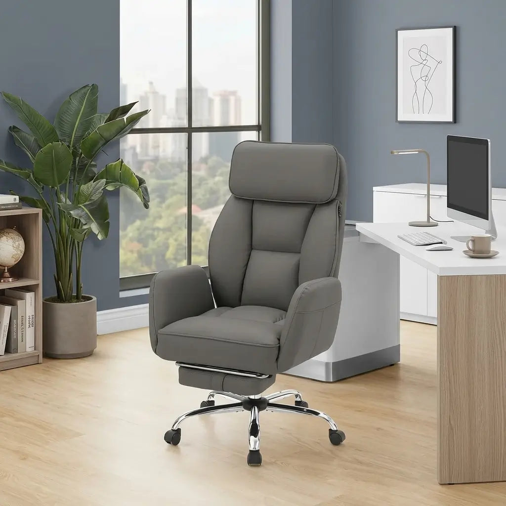 I-7275 black and grey leather-look high back office chair with chrome accents, adjustable headrest, armrests and flip-open footrest
