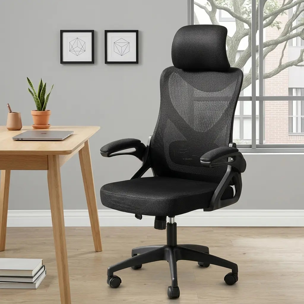 I-7334 black mesh executive high back office chair with adjustable headrest, flip-up armrests and black metal base.
