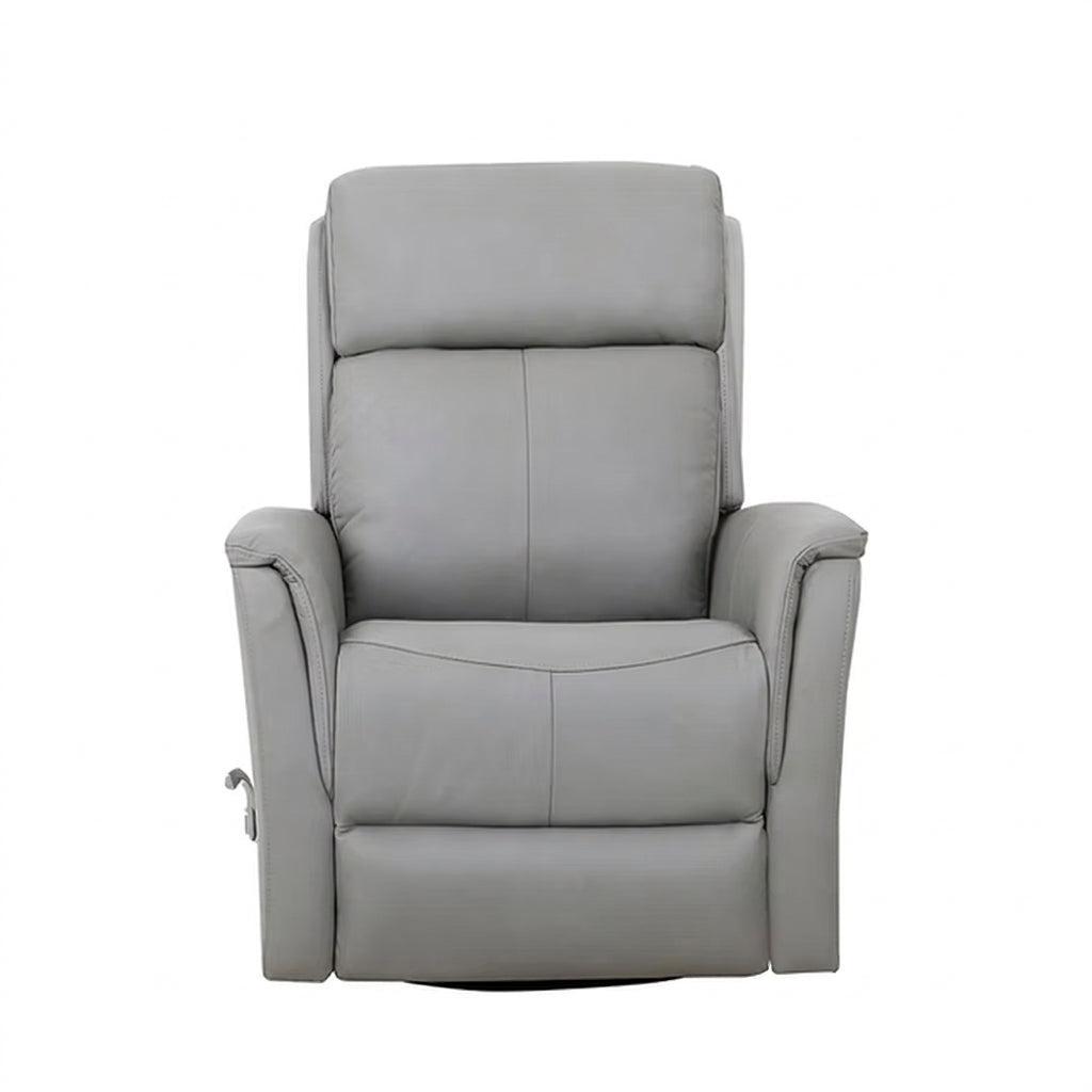 A light-to-medium grey padded reclining armchair with vertical and curved seam lines on the backrest and seat. Shown from a direct front-facing, symmetrical perspective on a white background. The side lever is partially visible on the bottom left.