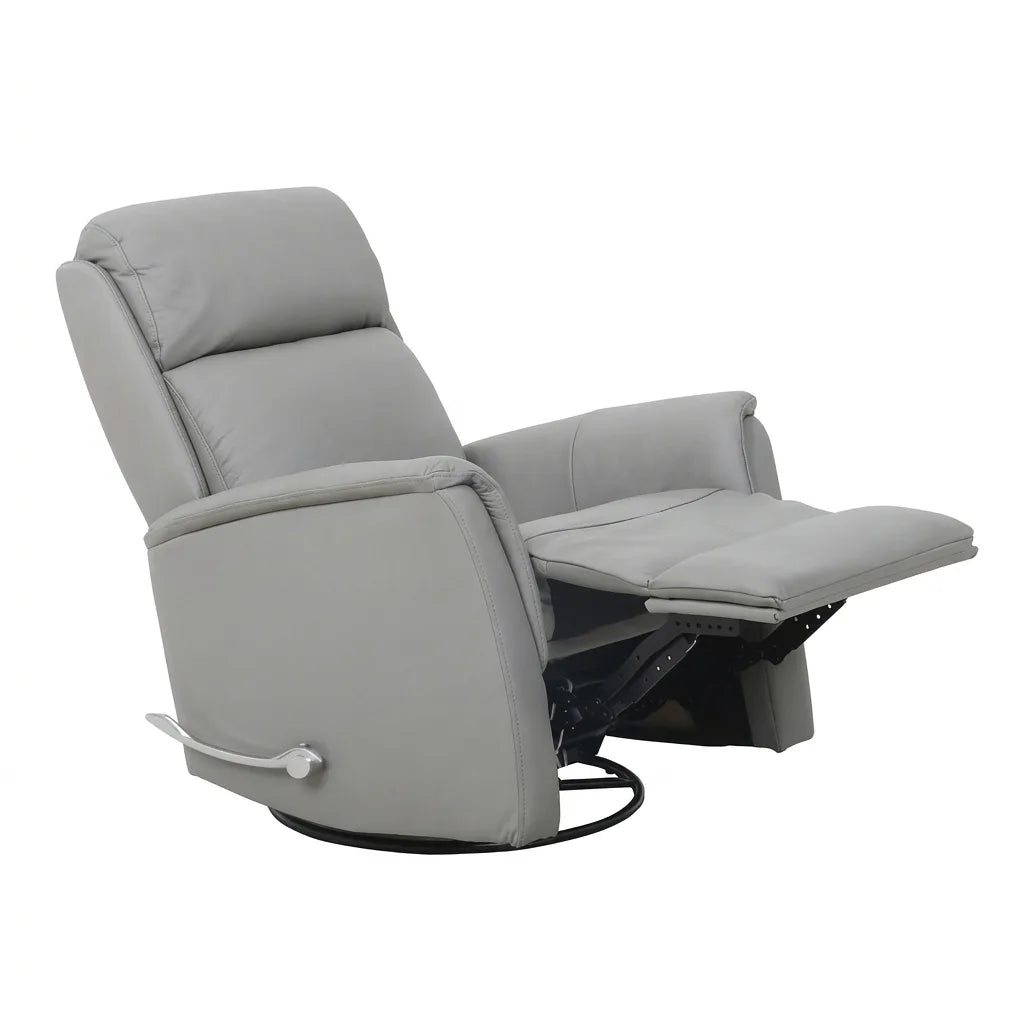 A grey padded reclining armchair in a recline pose. The built-in footrest is fully extended, shown from a three-quarter perspective angled slightly to the right. The inner mechanism of the extendable footrest is partially visible. The black circular base is visible beneath the chair against a white background.