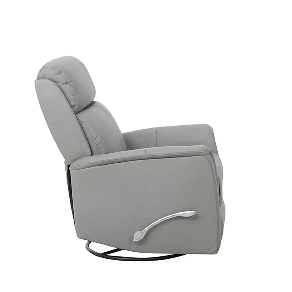A grey padded reclining armchair shown in direct side profile (left side), in its upright position. The modern, curved silver recline handle is visible near the bottom-right corner of the side panel. The black circular base is visible beneath the chair on the white background.