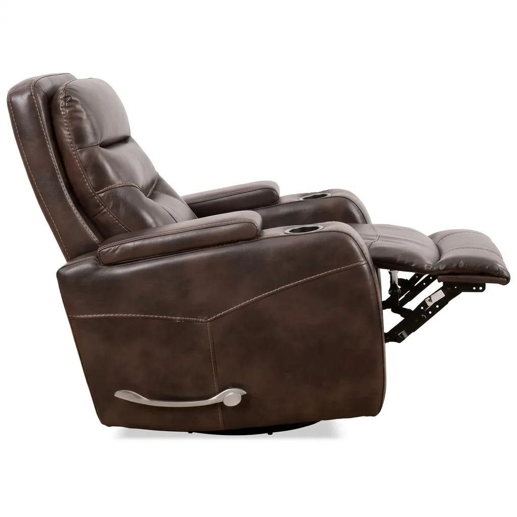 Side profile view of a dark brown leather recliner chair with the footrest fully extended in a reclined position, showing the side lever and lower metal base mechanism against a white background.