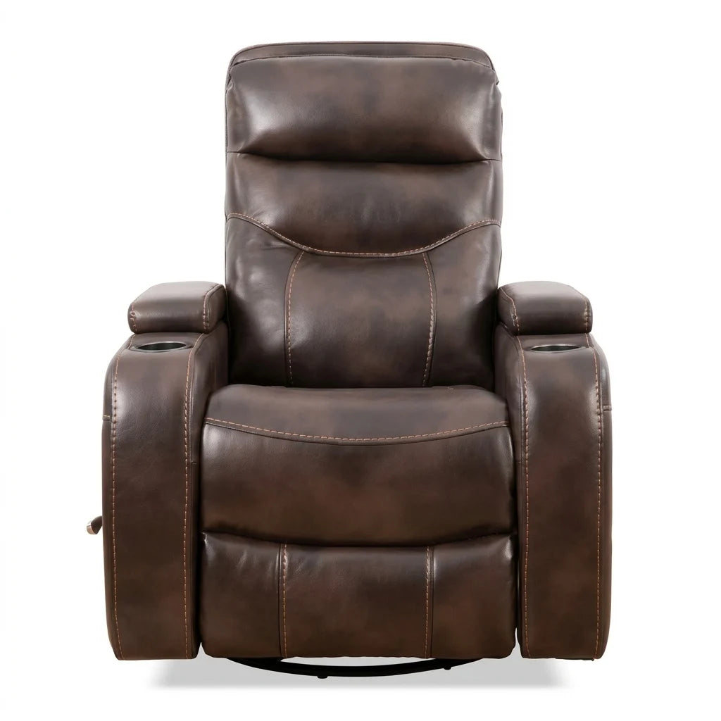 Front view of a dark brown leather recliner chair isolated on a plain white background, highlighting dual cup holders, padded armrests, and decorative contrast stitching.